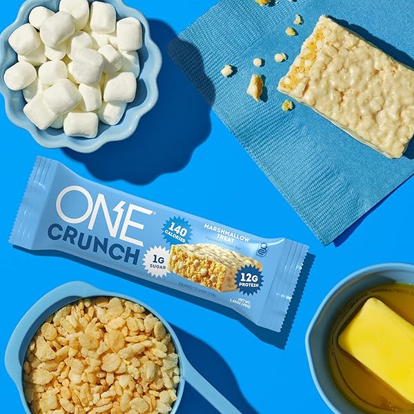 ONE CRUNCH PROTEIN BARS, MARSHMALLOW TREAT, GLUTEN FREE PROTEIN BARS WITH 12G PROTEIN AND 1G SUGAR, PANTRY STAPLES, 2.12 OZ (12 COUNT)