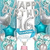 Sweet 16 Party Decorations, Teal and Silver 16 Birthday Decorations for Girls, Happy Birthday Banner, Sash and Crown, Number 16 Foil Balloon, Cake Topper, Balloons for Her Party Supplies