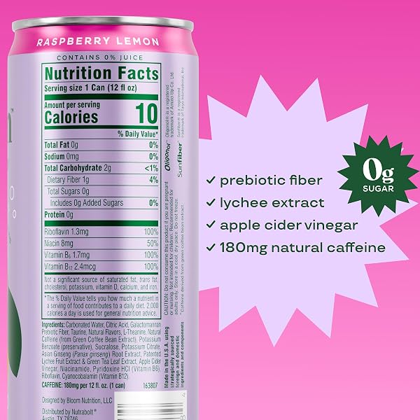 BLOOM NUTRITION SPARKLING ENERGY DRINK FOR FOCUS, NATURAL CAFFEINE, ZERO SUGAR, 180MG CAFFEINE, ANTIOXIDANT-RICH WITH GREEN COFFEE BEAN, GREEN TEA EXTRACT, & PREBIOTICS, RASPBERRY LEMON 12OZ 12 PACK