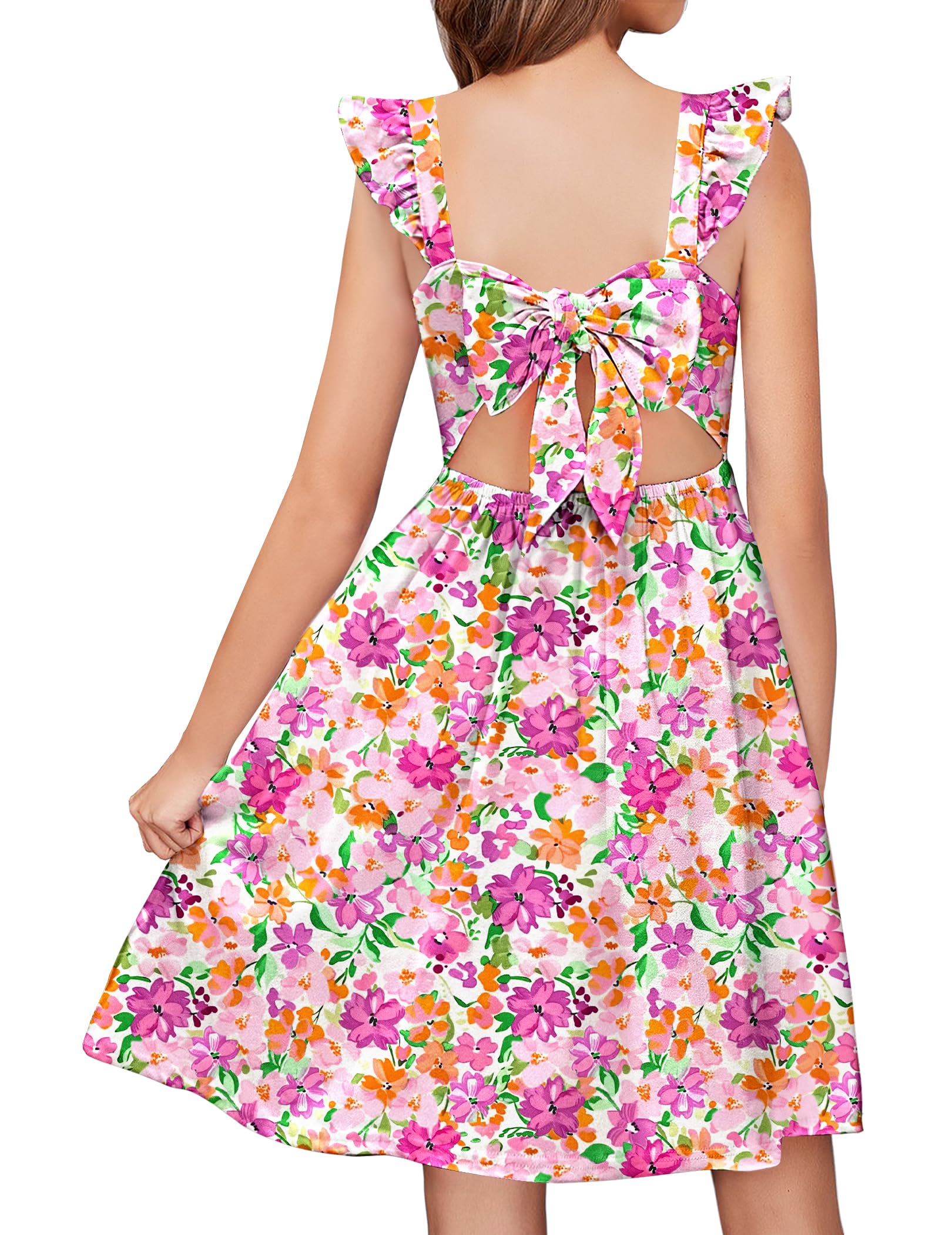 Arshiner Girls Summer Dresses Tween Easter Beach Casual Boho Midi Tie Back Sundress Pink Floral 8-9 Years Image