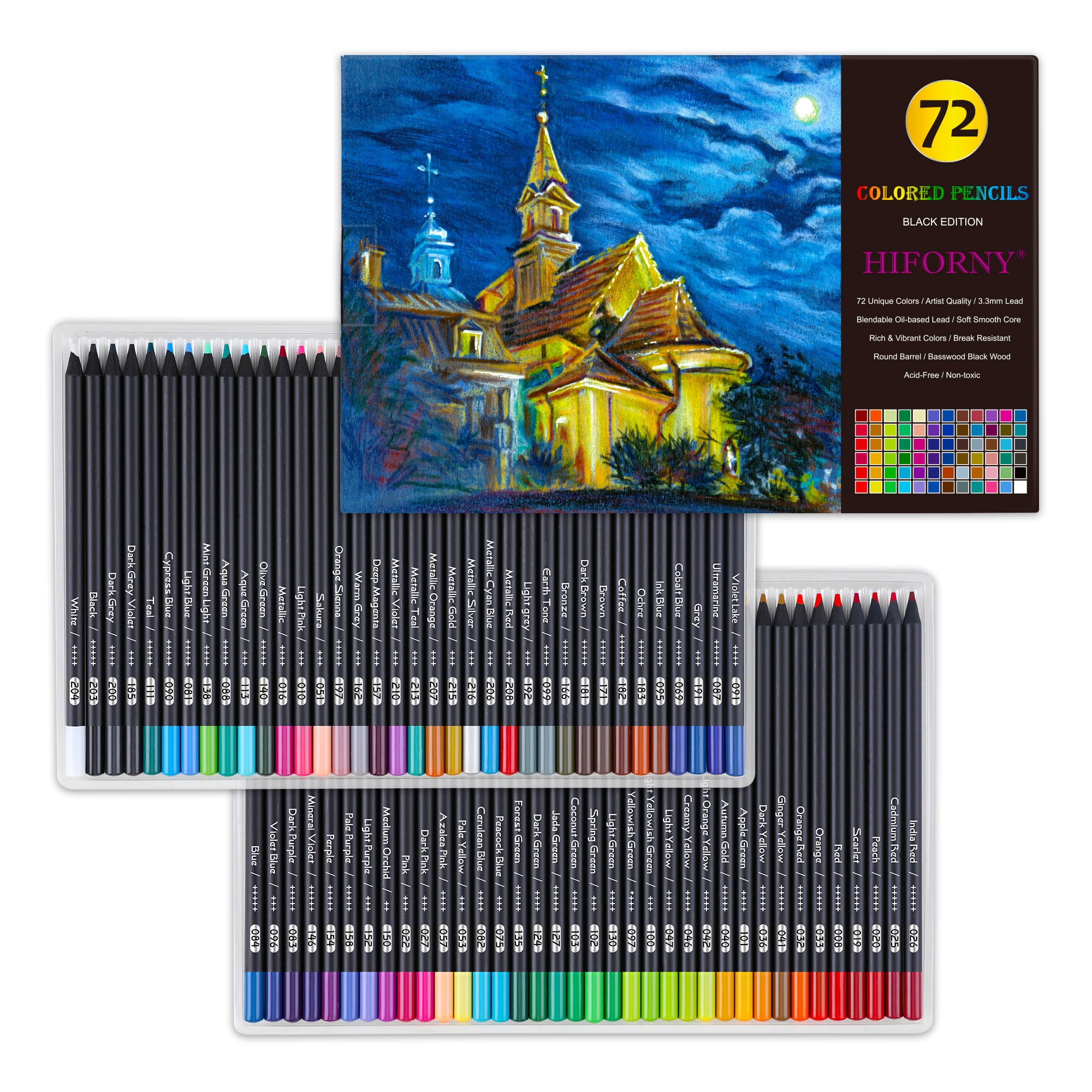 HIFORNY Premium Black Edition Coloured Pencils for Adults Colouring – 72 Colouring Pencils with Smooth Pigments,Artists Soft Core,Drawing Pencils Art Supplies for Adults Beginners