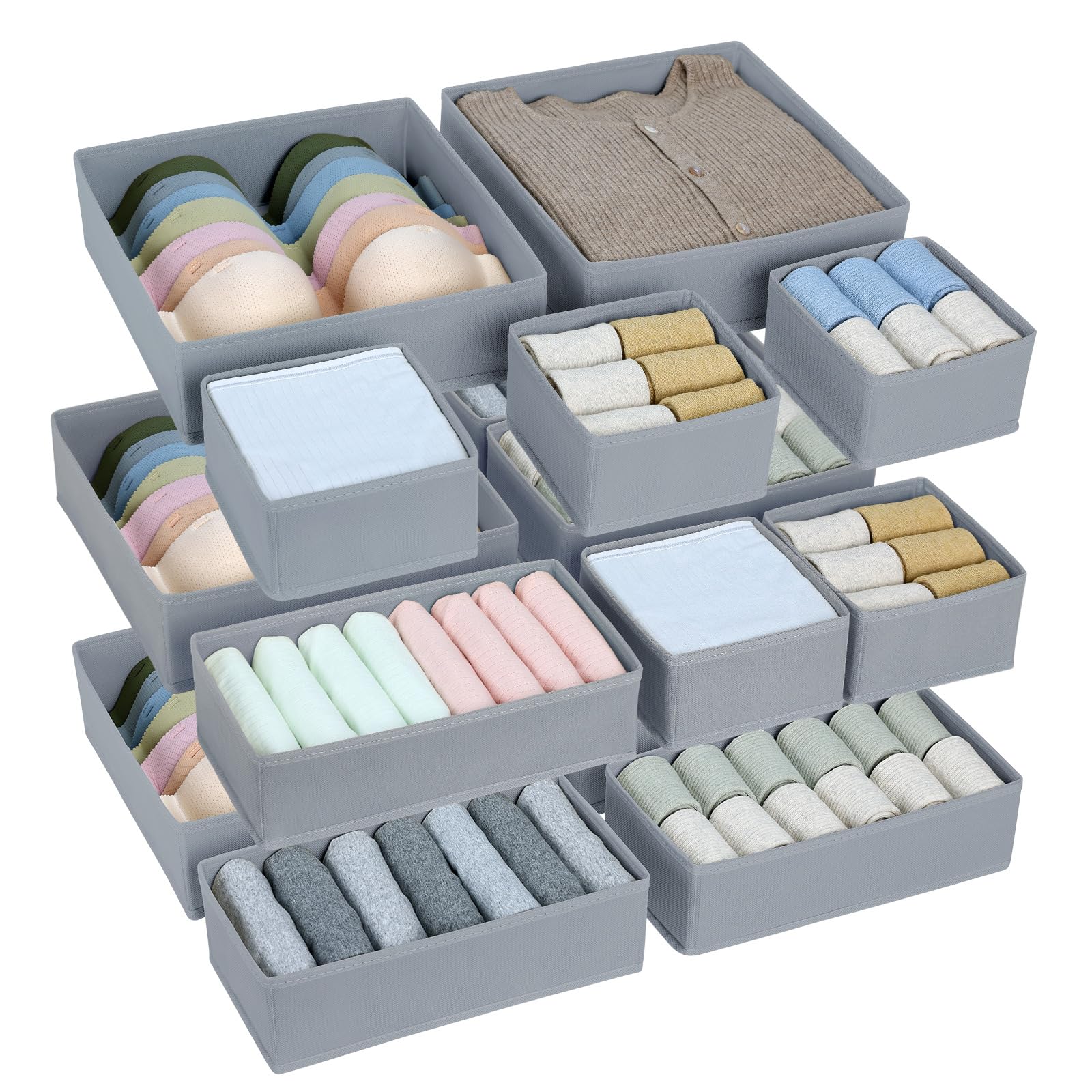DIMJ 15Pack Drawer Dividers for Clothes - Foldable Wardrobe Storage Organiser for Clothes, Underwear, Socks, Bra,Makeup, and Accessories-Non-Woven Fabric Draw Organiser Divider Set