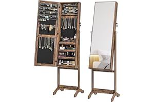 HOMCOM Mirror Jewelry Cabinet Armoire, Lockable Jewelry Organizer with Full-Length Mirror, 3 Angle Adjustable, Rustic Brown