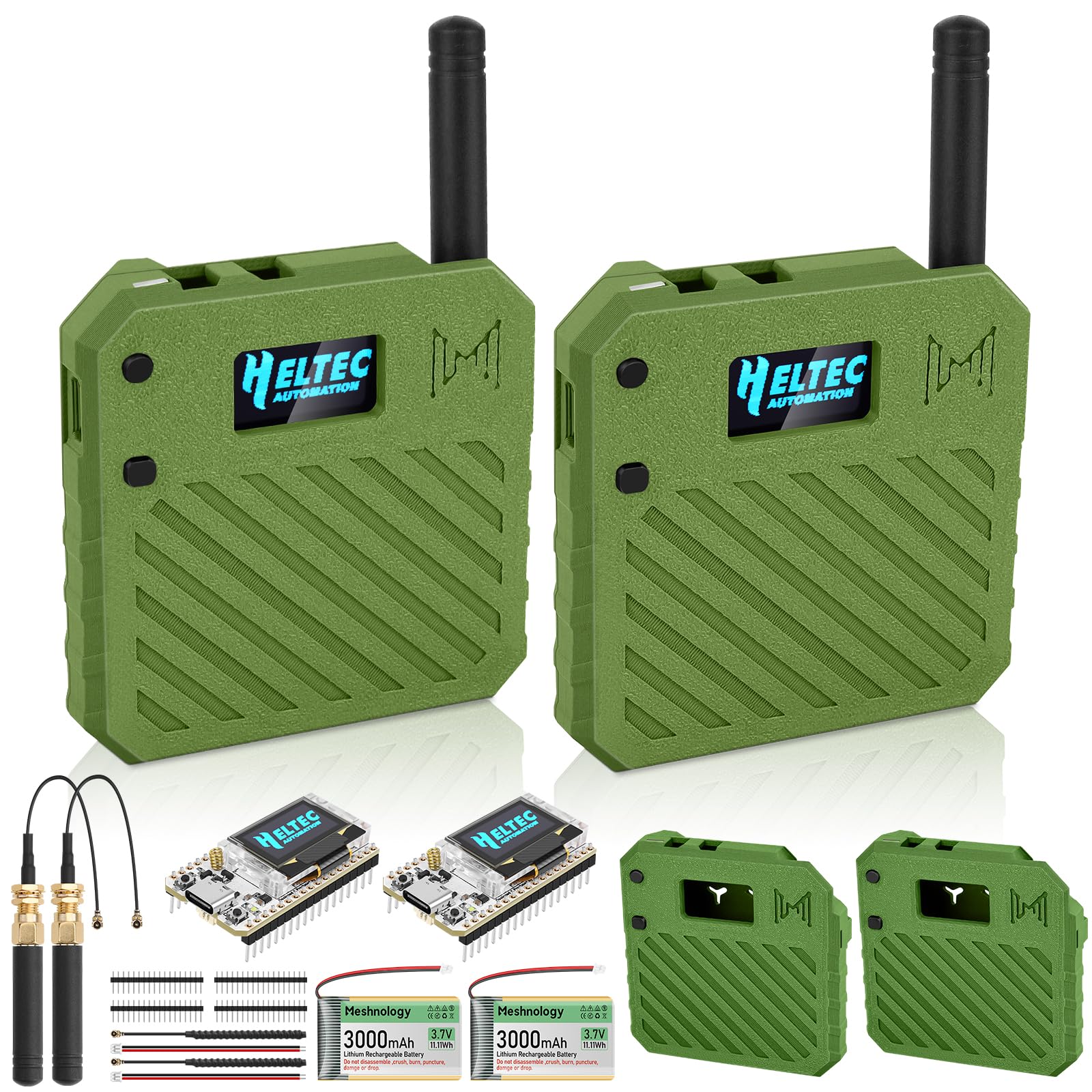 Photo 1 of 2Pack ESP32 LoRa V3 Development Board + 3.7V 3000mAh Battery + Custom Case Set - with 915MHz Meshtastic Antenna and SMA Antenna Surport WiFi Bluetooth LoRa V3 Devices for Arduino LoRawan IOT N33 Green