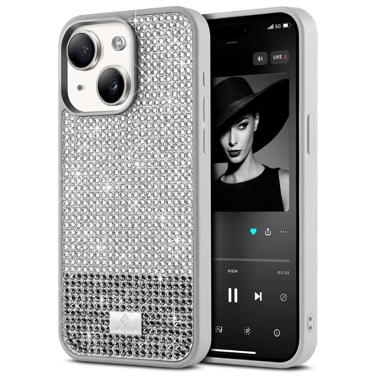 BEZ Case for iPhone 15 Case Glitter, with Bling & Co. Series, Sparkle Diamond Crystal Bling Case Cover for iPhone 15, Cloud Grey