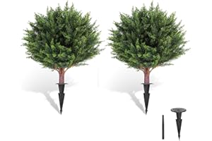 LadyRosian Artificial Cypress Topiary Tree, 25 Inch 2 Set Outdoor Faux Cypress Bush Plants,Indoor Ball Trees with Ground Spike, Fake Potted for Home Front Porch Decor Outside Garden