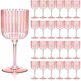 Jingmore 24 Pack Plastic Ribbed Wine Glasses With Stem 11 oz Goblet Detachable Wine Glass Disposable Champagne Cups Vintage Style for Wedding Anniversary Birthday Dinner Parties (Pink)