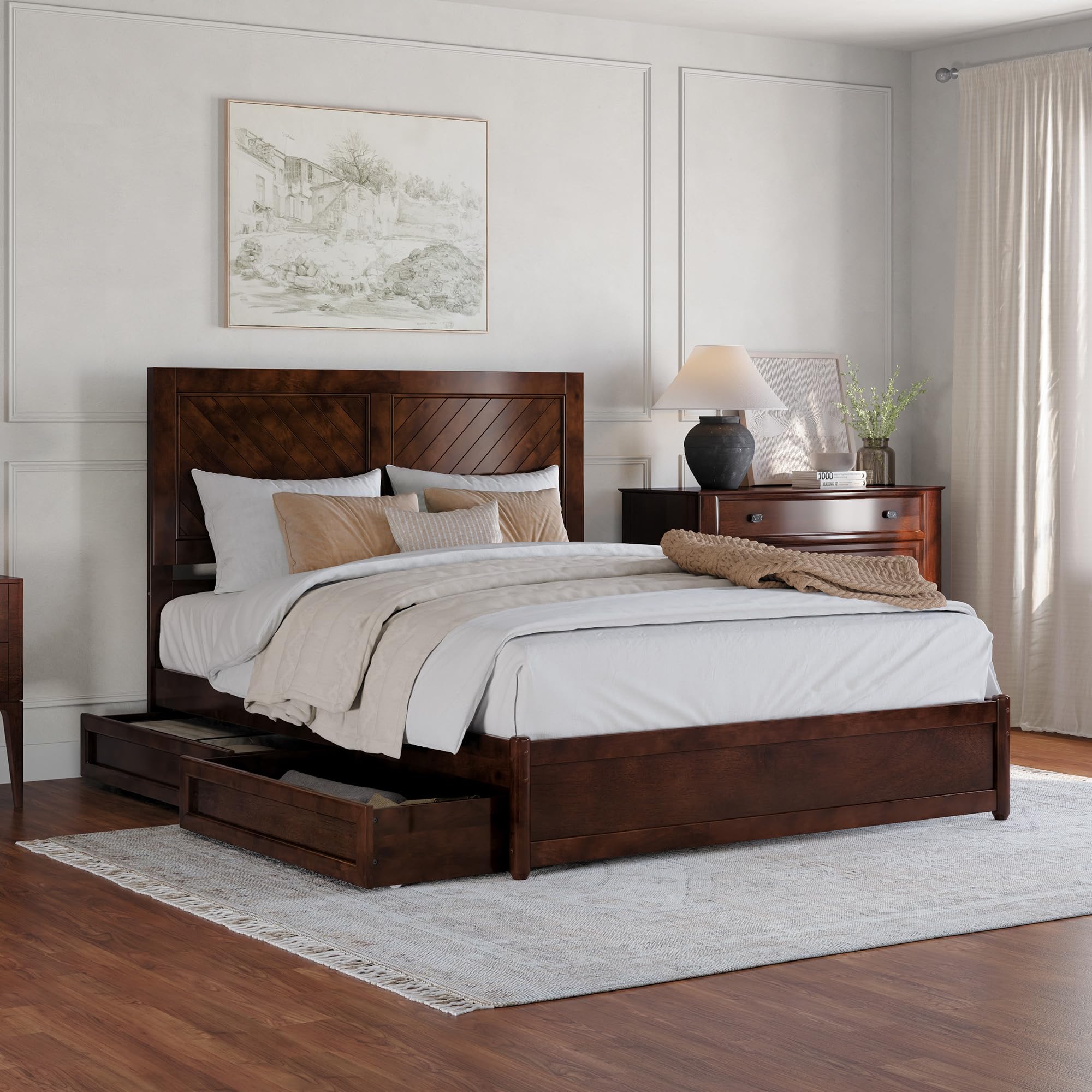 Photo 1 of **INCOMPLETE SET/ MISSING ASSEMBLY PIECES** AFI, Clayton Queen Platform Bed with Panel Footboard and Storage Drawers, Walnut