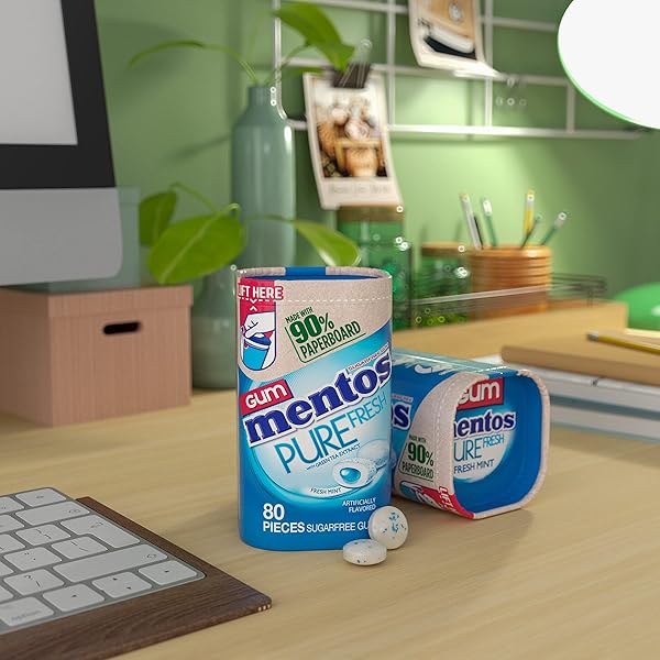 MENTOS PURE FRESH SUGAR-FREE CHEWING GUM WITH XYLITOL, FRESH MINT FLAVOR, EASTER BASKET ESSENTIALS STUFFERS FOR KIDS AND ADULTS, 90% RECYCLABLE PAPERBOARD BOTTLE, 80 PIECES (4-PACK)