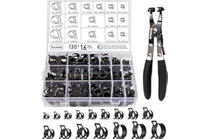 Toolwiz 130Pcs 6-25mm Spring Hose Clamps with Swivel Hose Clamp Pliers, 16 Sizes Hose Clamp Assortment Spring Band Type Fuel 