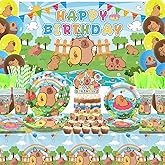 KEFAN Capybara Birthday Party Decorations, Capybara Theme Party Tableware Supplies, Includes Backdrop, Plates, Cups, Napkins, Tablecloth, Balloons, Serves 20