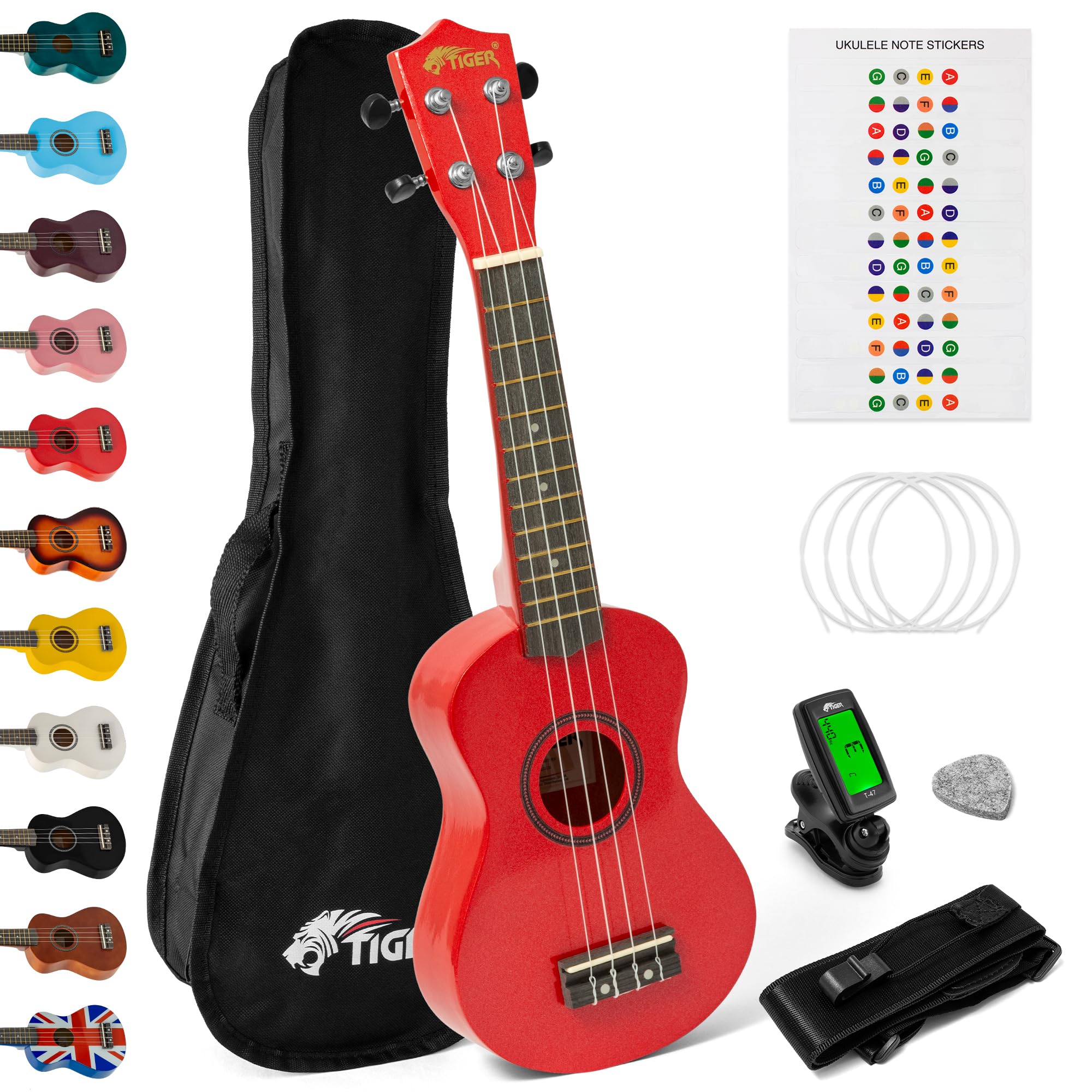 Tiger UKEKIT-RD Soprano Ukulele Kit – Suitable for Beginners and Children – Chromatic Tuner, Strap, Carry Bag, Notes Sticker, Felt Pick, Spare Strings, with Aquila Strings Fitted – Red