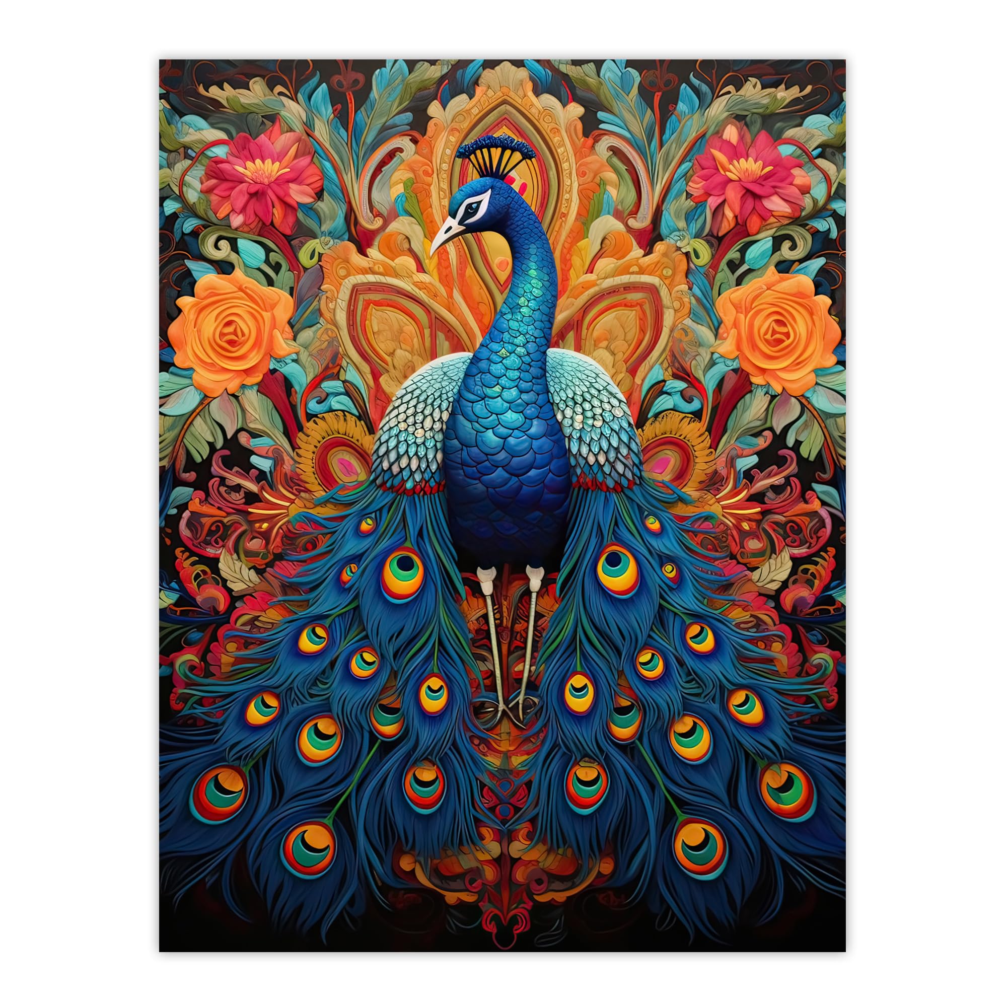Artery8 Royal Peacock Oil Painting Blue Orange Pink Exotic Bird Symmetrical Floral Portrait Extra Large XL Wall Art Poster Print