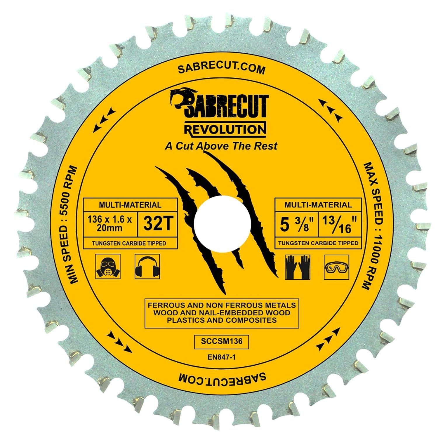 1 x SabreCut SCCSM136_32 136mm 32T x 20mm 16mm Bore Multi-Material Metal Wood Plastic Circular Saw Blade, Silver