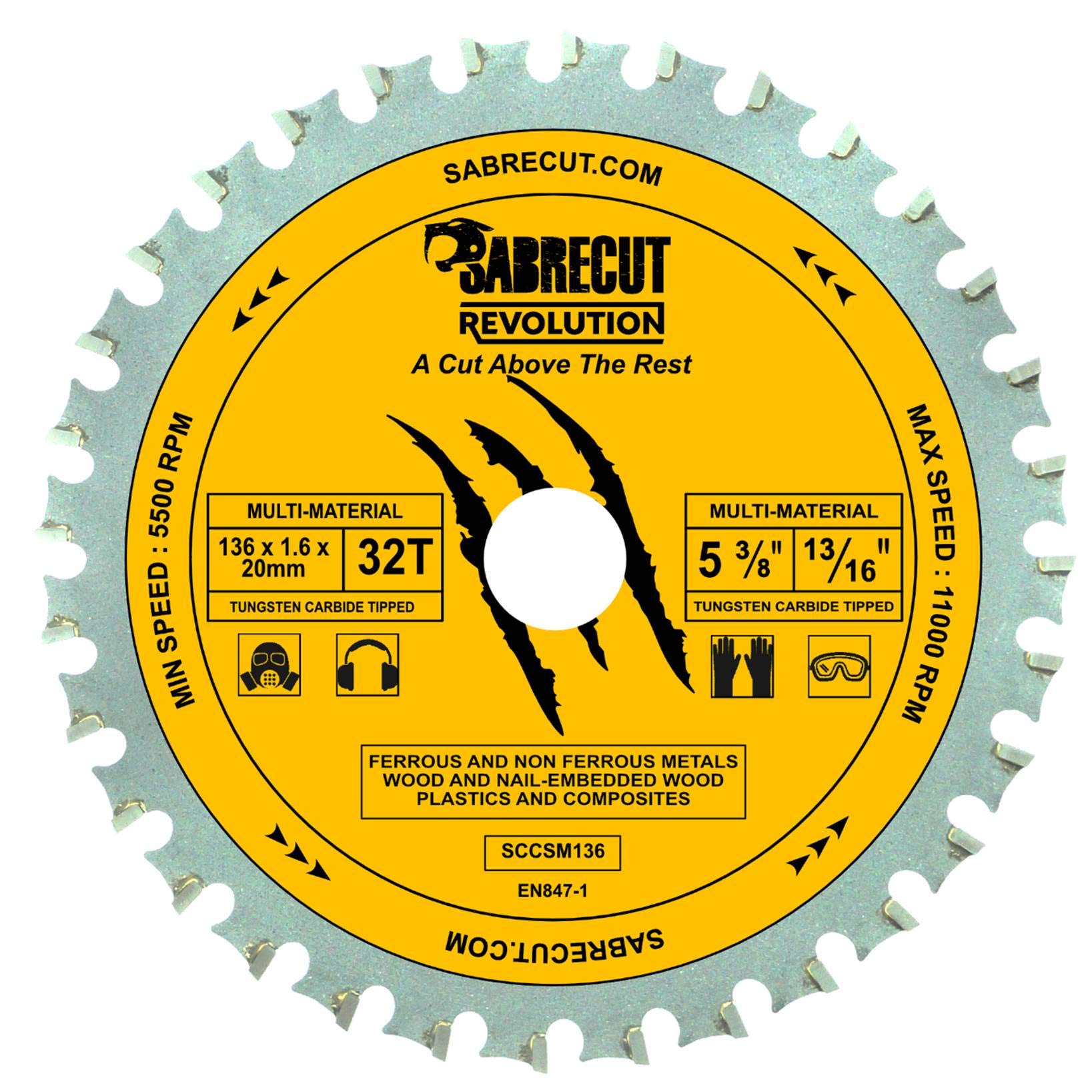 1 x SabreCut SCCSM136_32 136mm 32T x 20mm 16mm Bore Multi-Material Metal Wood Plastic Circular Saw Blade
