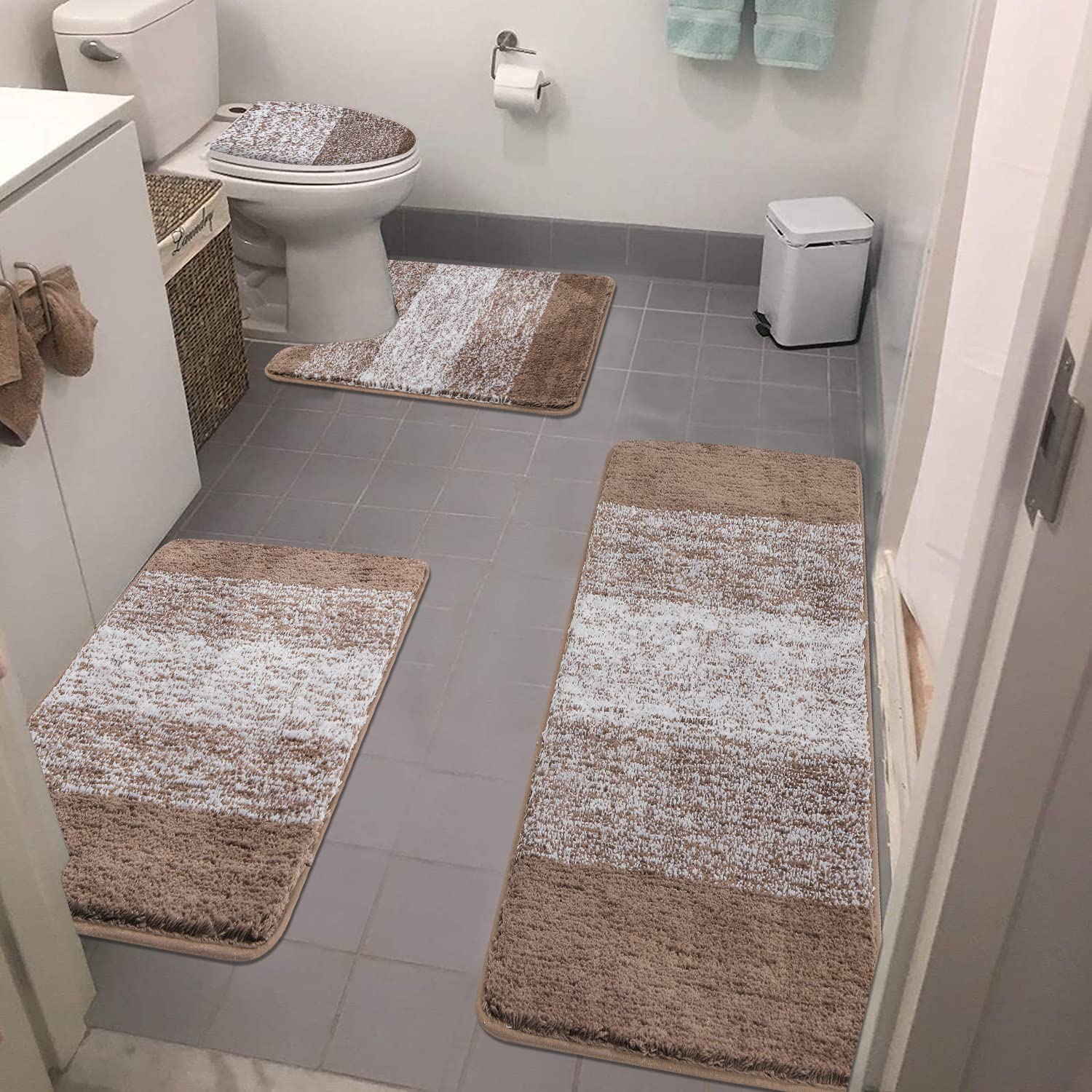 Bathroom Rugs Sets 4 Piece with Toilet Lid Cover, Non-Slip Absorbentb Rugs and Mats for Bathroom ...