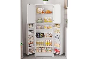 Yusong 64'' Kitchen Storage Cabinet, Tall Kitchen Pantry Storage Cabinet with Doors and Shelves, Food Pantry Cabinet Free Standing Pantry for Kitchen Dining Living Room, White