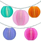 YULETIME Multicolor Lantern String Lights, 10 ct 7.6 ft White Wire Plug-in | Pre-assembled Ready to Use, Nylon Fabric, 3-in Diameter, 8-in Spacing, End-to-end, Connectable, UL Certified