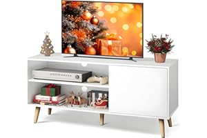 WLIVE TV Stand for 55 Inch TVs, Entertainment Center with Storage Cabinet, Mid-Century TV Stands for Living Room and Bedroom, 50" TV Console, White