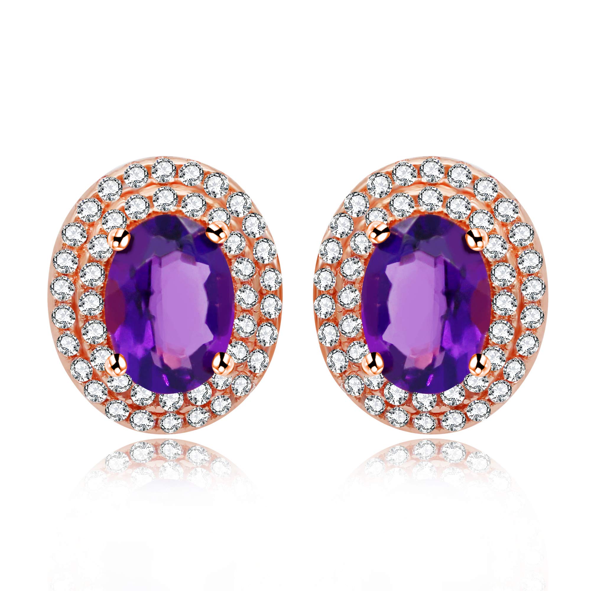 Uloveido Girl's Rose Gold Plated 925 Sterling Silver Stud Drop Earrings Oval Cut Natural Amethyst Gemstone February Birth Stone Earrings Gift for Women Girl-Friend Mum FR059
