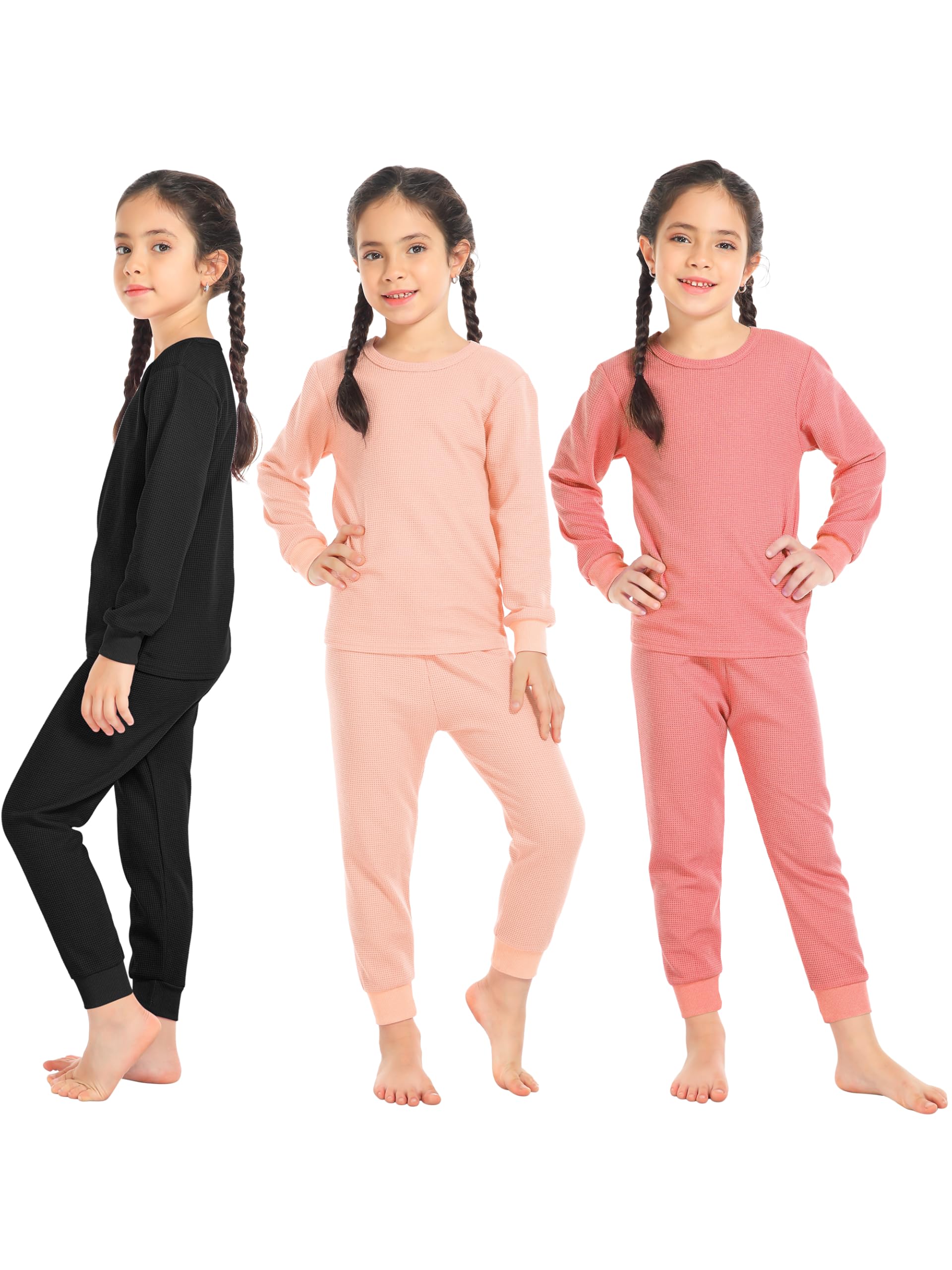 Resinta 3 Sets Girls Waffle Thermal Underwear Set
