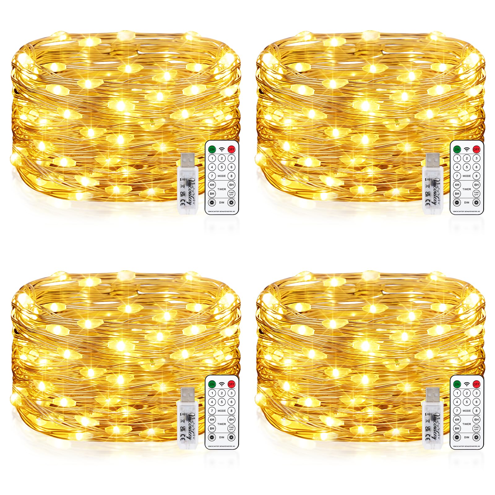 Vacoulery [4 Pack] Fairy String Lights, 100LED 10M 8 Modes USB Powered Remote Control Copper Wire Decorative String Lights with Timer for Bedroom, Party, Wedding, Christmas