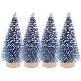 BESPORTBLE Blue Mini Christmas Tree, 4Pcs Blue Bottle Brush Trees Mini Sisal Snow Frost Trees with Wooden Base for Christmas Decor Christmas Party Home Table Craft Decorations