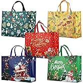PARSUP 5PCS Giant Christmas Gift Bags, Heavy Duty Treat Tote Grocery Bags with Handles, Sewing Non-Woven Jumbo Bags for Gifts Wrapping Shopping, Xmas Party Supplies, 21.26"×15.7"×7.9"