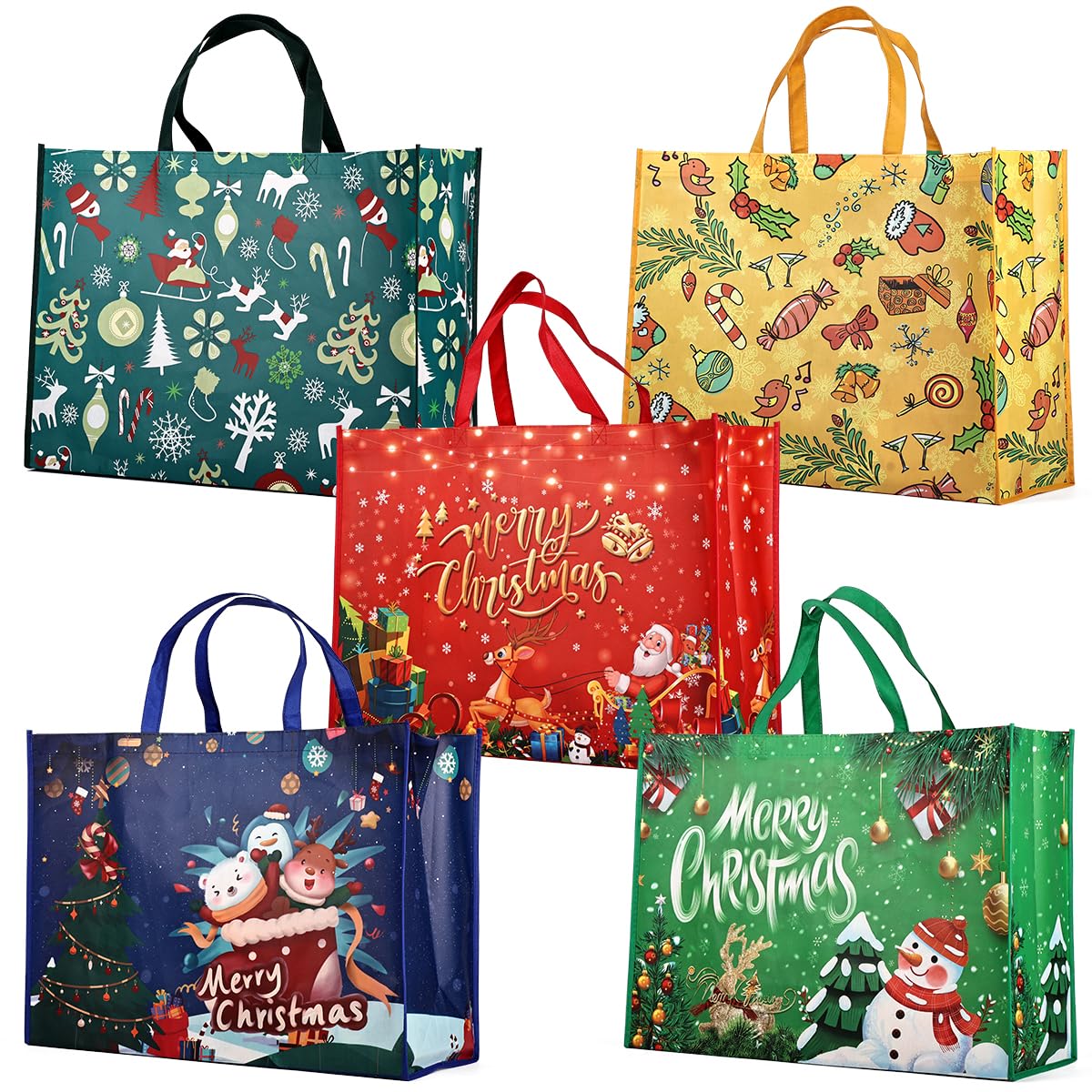 Christmas Giant Gift Bags, Heavy Duty Treat Tote Grocery Bags with Handles, Sewing Non-Woven Bags for Gifts Wrapping Shopping, Xmas Party Supplies