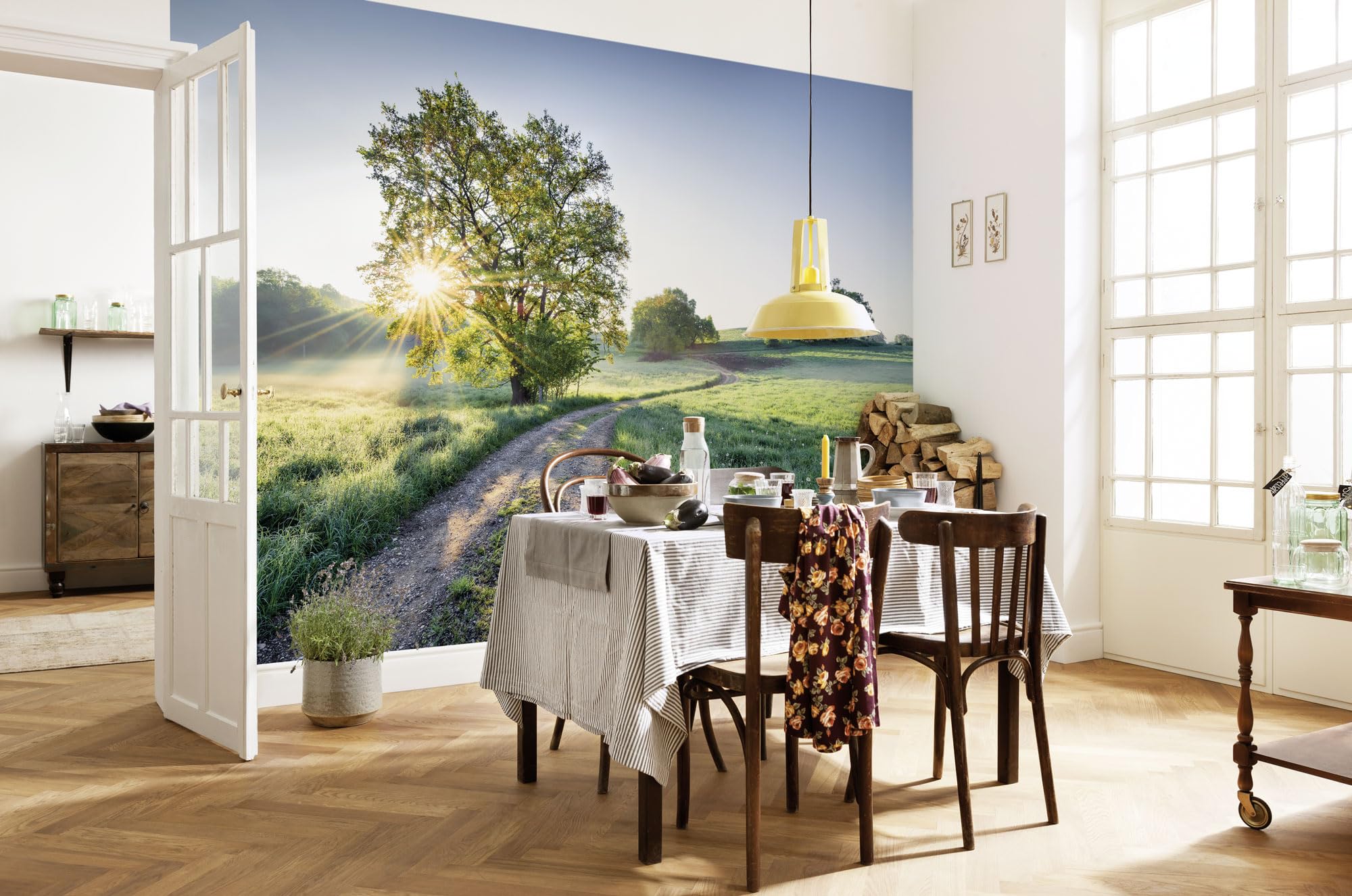 Komar Photo Wallpaper Meadow Trail Size 368 x 254 cm Wallpaper Sun Morning Landscape Dining Room Living Room Bedroom