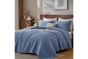 DOWN HOME Queen Quilt Set with Shams Lightweight Quilted Bedspread Coverlet Thin Comforter Bed Cover Vintage Washed Quilted Blanket for All Season, Brushed Microfiber Diamond Stitching, Blue, 88"x92"
