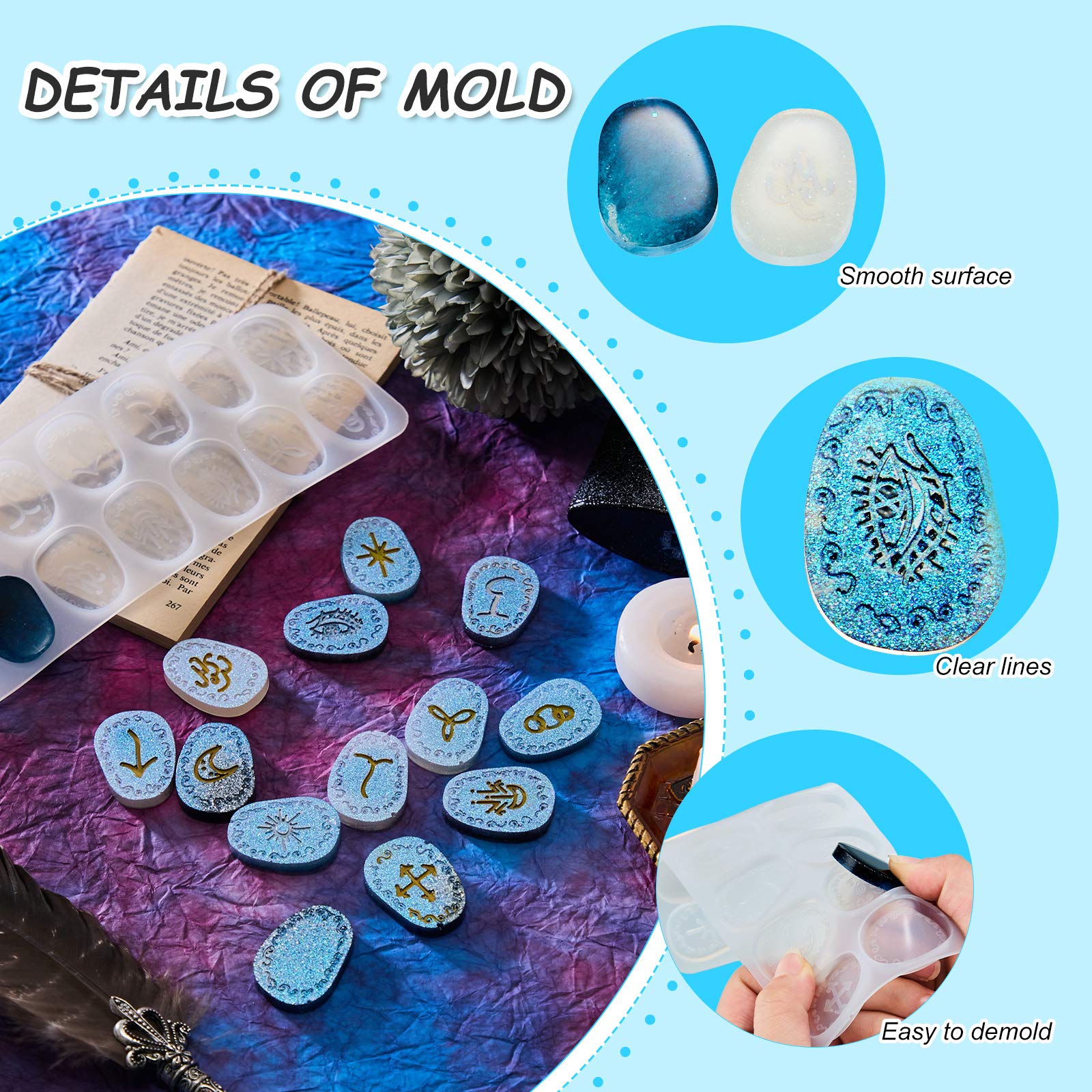 Geiserailie 7 Chakras Stones Resin Mold Rune Silicone Mold Symbol Rune Letter Epoxy DIY Symbol Word Casting DIY Resin Craft for Handmade Crafts Making Supplies