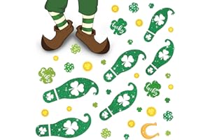 Whaline 400Pcs St. Patrick's Day Leprechaun Footprints Floor Decals Glitter Shamrock Lucky Gold Coin Clover Foot Floor Clings Self-Adhesive Party Sticker for Home Window Wall Decor, 16 Sheet