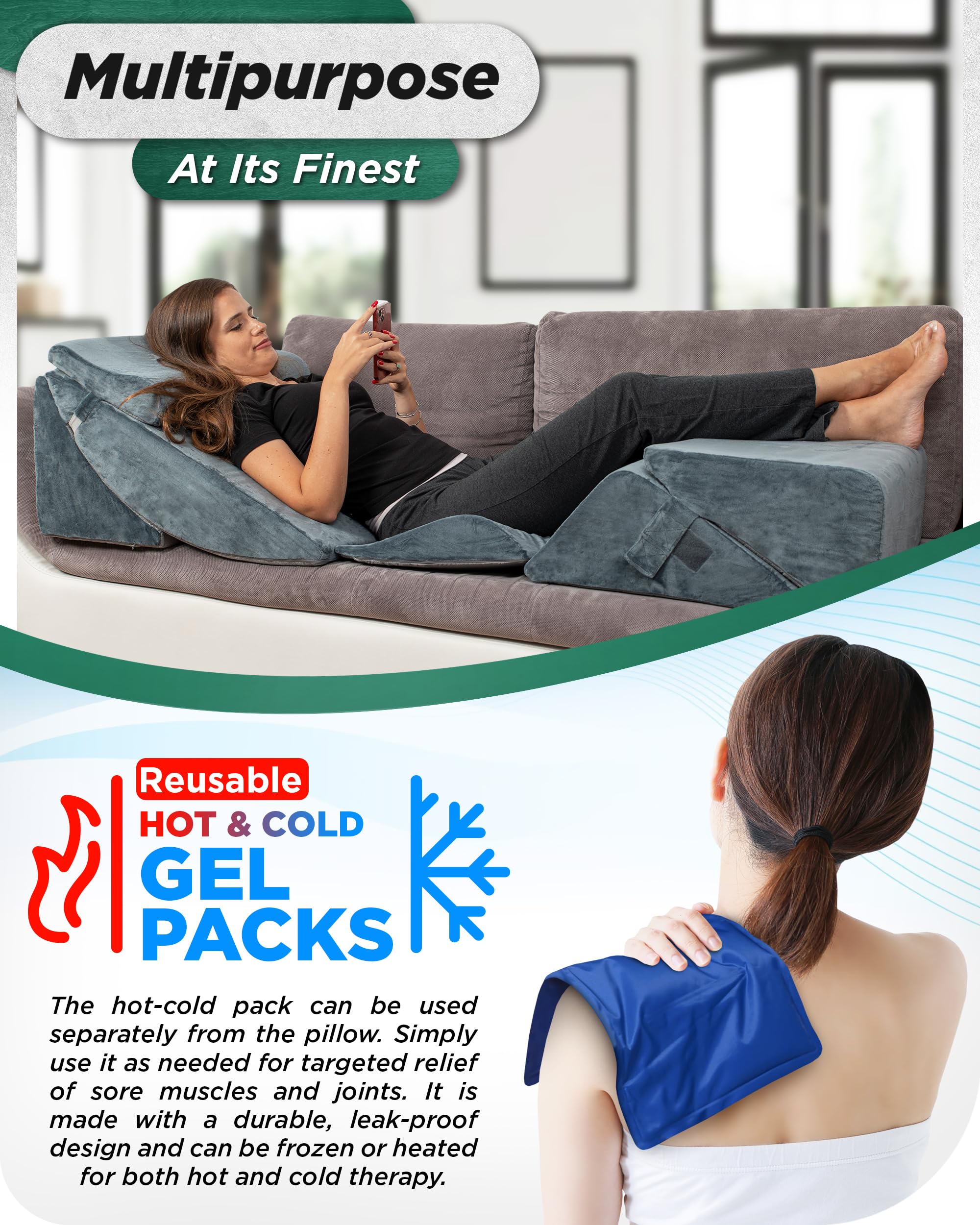 Lunix 6pcs Orthopedic Bed Wedge Pillow Set, Post Surgery Memory Foam for Back, Neck, and Leg Pain Relief, Adjustable Sitting Pillow for Sleeping, Acid Reflux and GERD, Hot Cold Pack, Navy