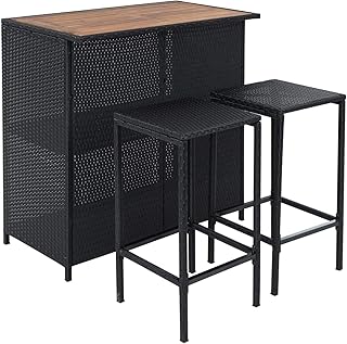 ESTEXO Rattan Gartenbarset bestehend aus 1 Bartisch mit Akazienholz-Tischplatte und 2 Barhockern Schwarz