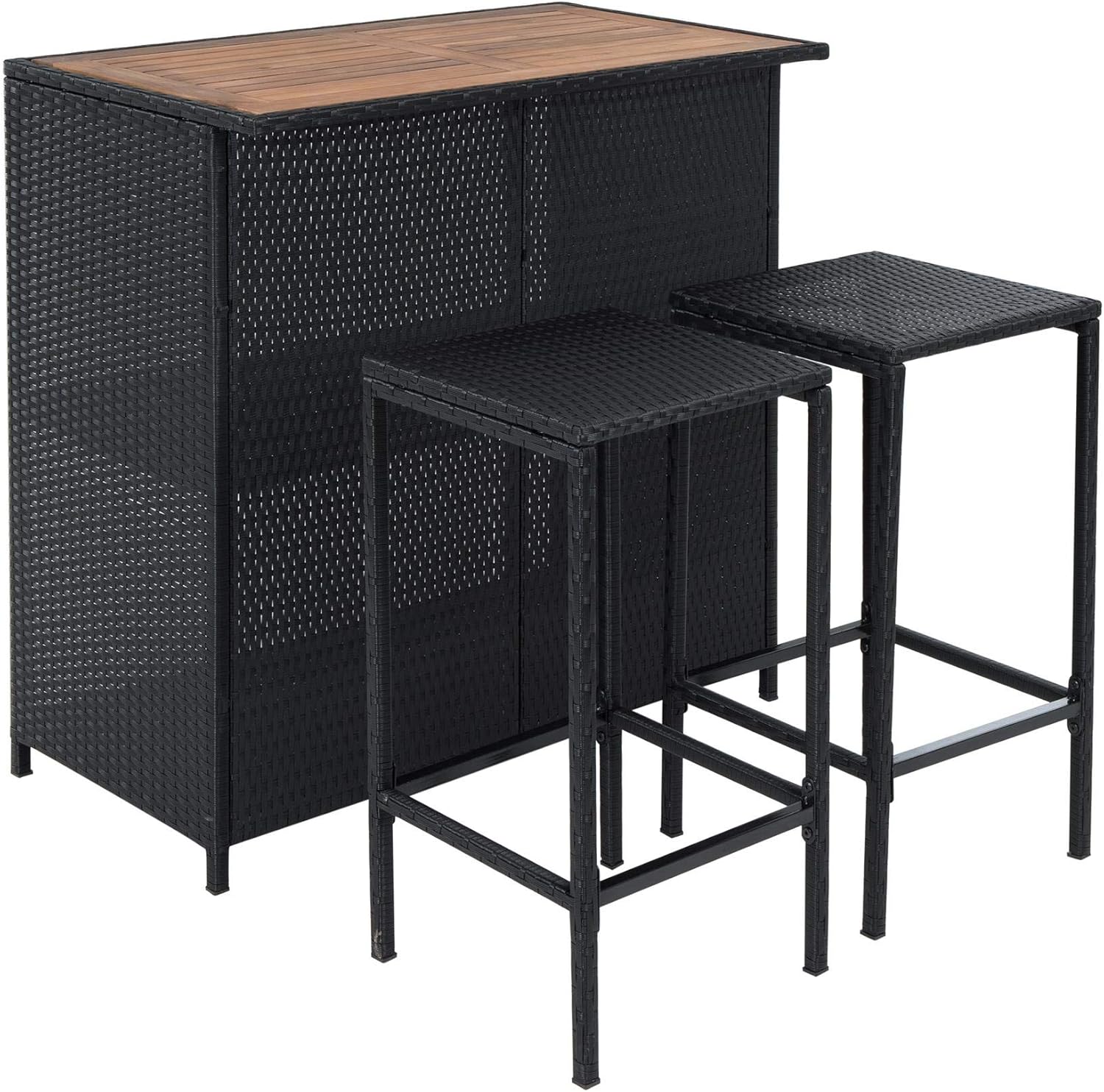 ESTEXO Rattan Gartenbarset bestehend aus 1 Bartisch mit Akazienholz-Tischplatte und 2 Barhockern Schwarz