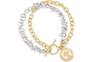 PEARLADA 18k Gold Chain Layerd Bracelet Coin Charm Toggle Bracelet Trendy Cubic Zirconia Jewelry