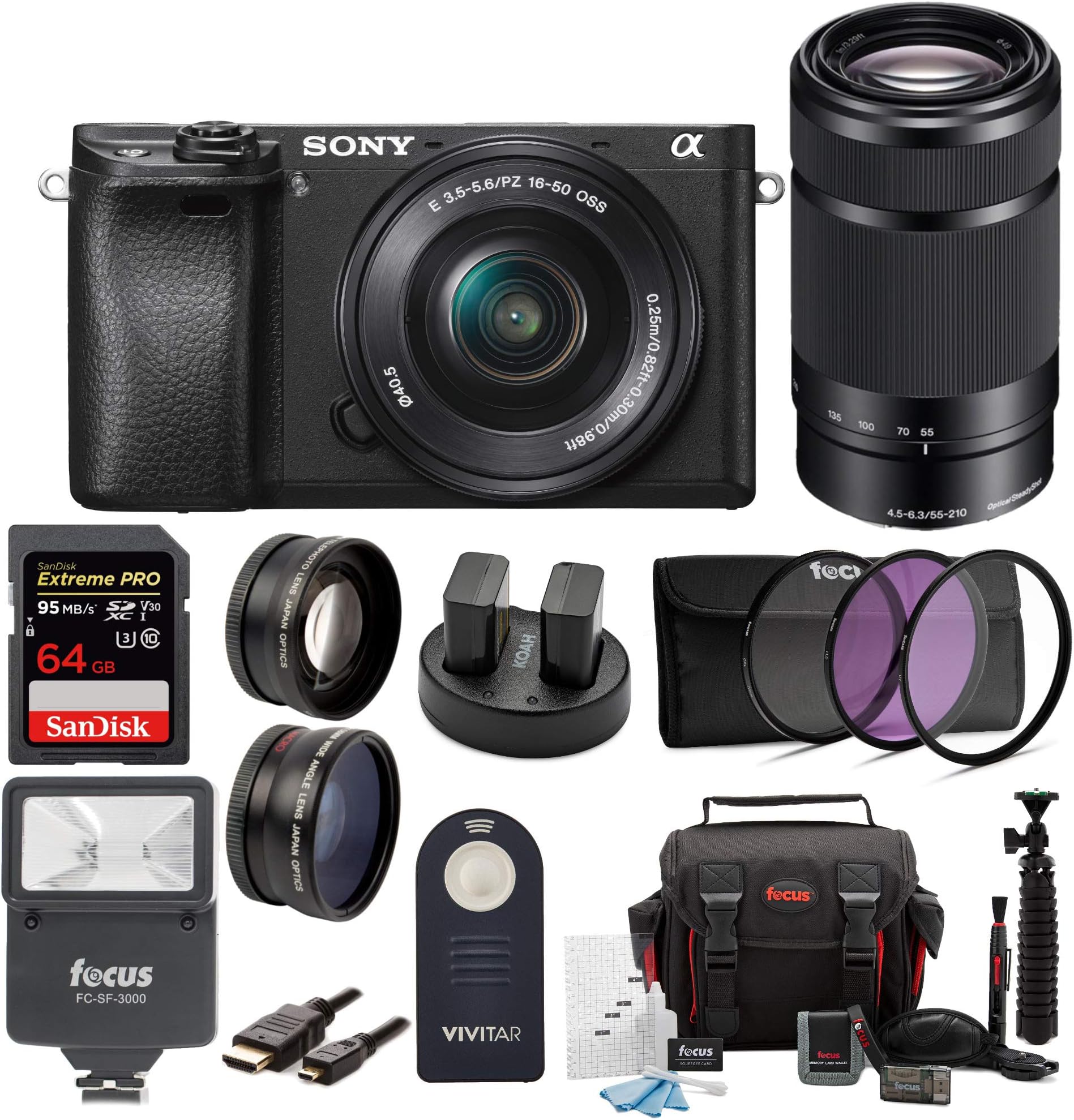 Sony ILCE-6300 a6300 4K Mirrorless Camera 16-50mm & 55-210mm Zoom Lens + 64GB Pro Accessory Bundle, Software Pack