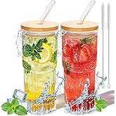 VVXAMI 32oz Ribbed Glassware Large Cup, Glass Cups With Lids And Straws,Iced Coffee Cups With Lids,Glasses Drinking Set,Cute Cups,Boba Cup,With Straw Brush,Ideal Gift-2PCS