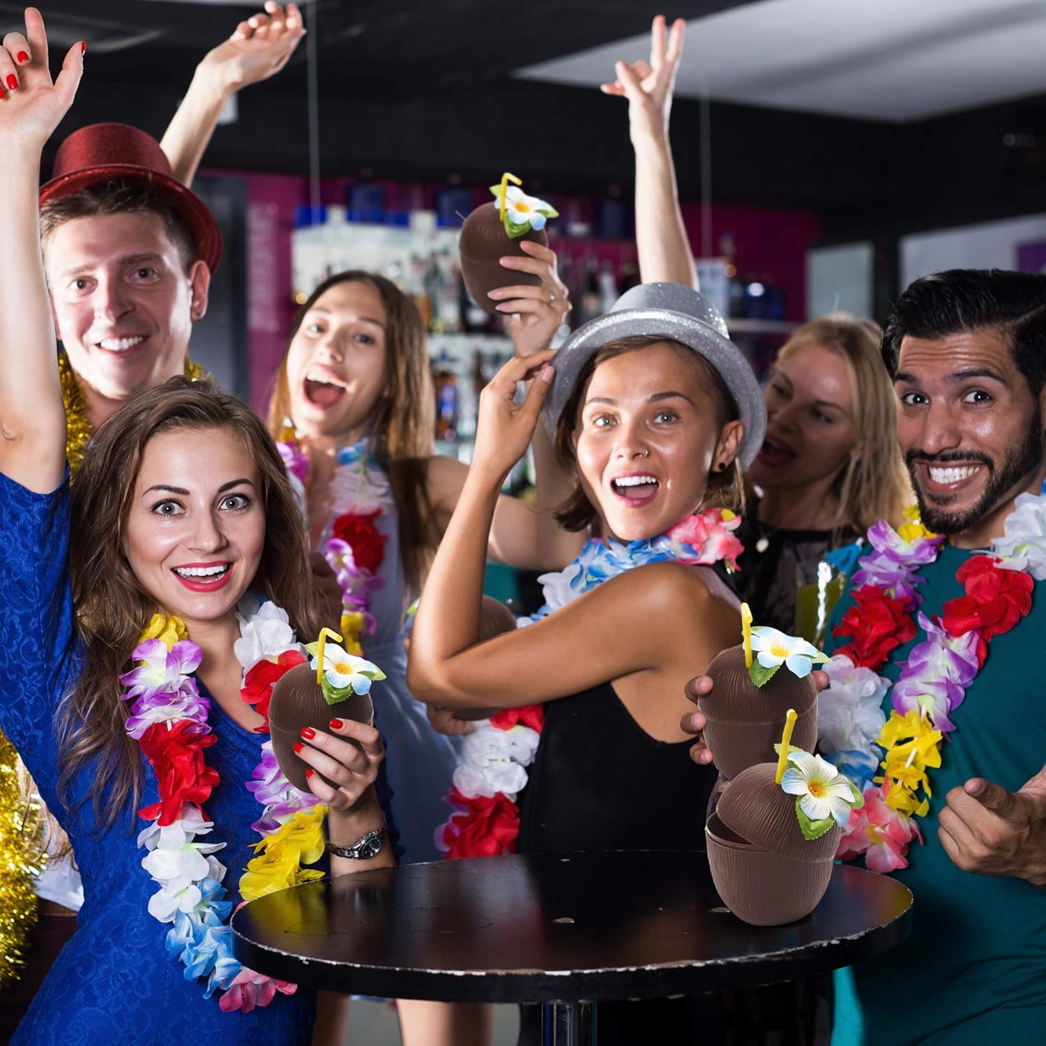 THE TWIDDLERS 12 Reusable Plastic Coconut Cups with Flowers for Decoration & Paper Straws - Image 5