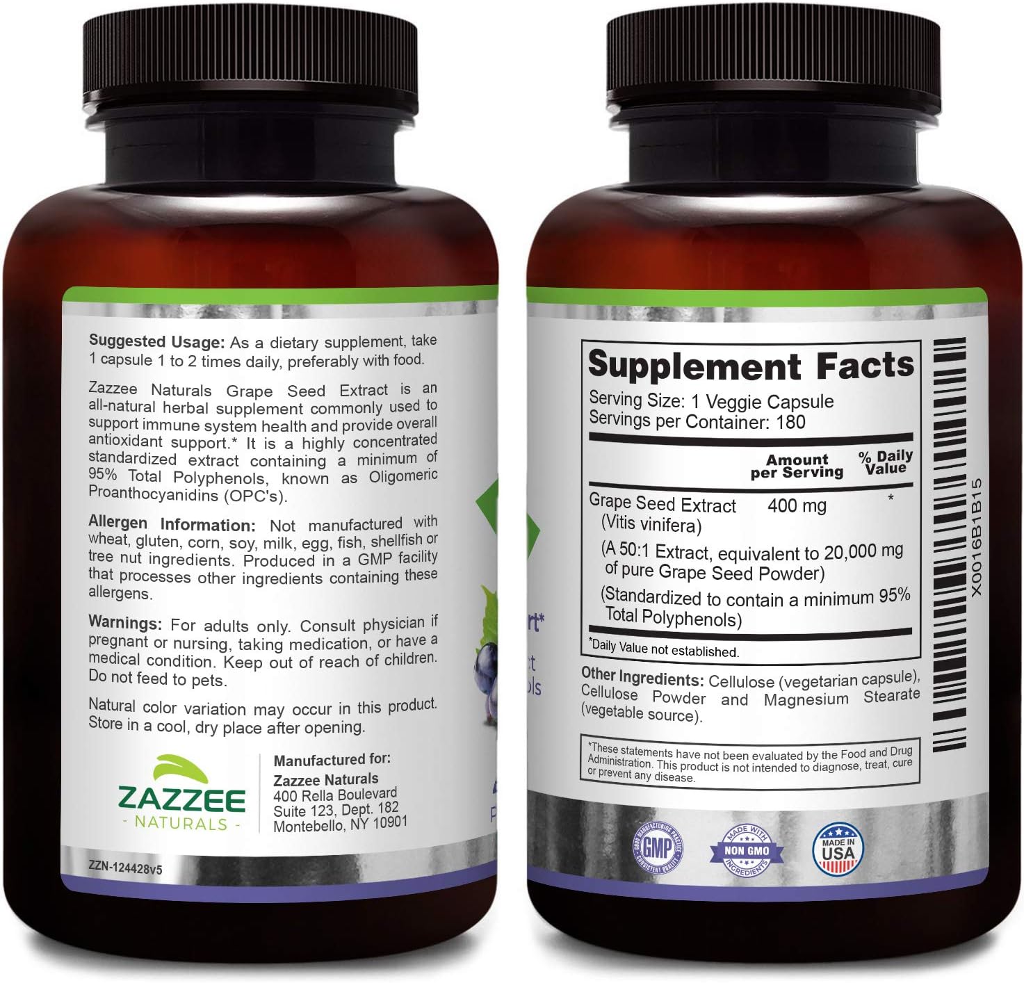 Zazzee Grape Seed Extract 20,000 mg Strength, 180 Vegan Capsules, 95% Polyphenols (Proanthocyanidins), Potent 50:1 Extract, 400 mg per Capsule, 6 Month Supply, Non-GMO and All-Natural: Health & Personal Care