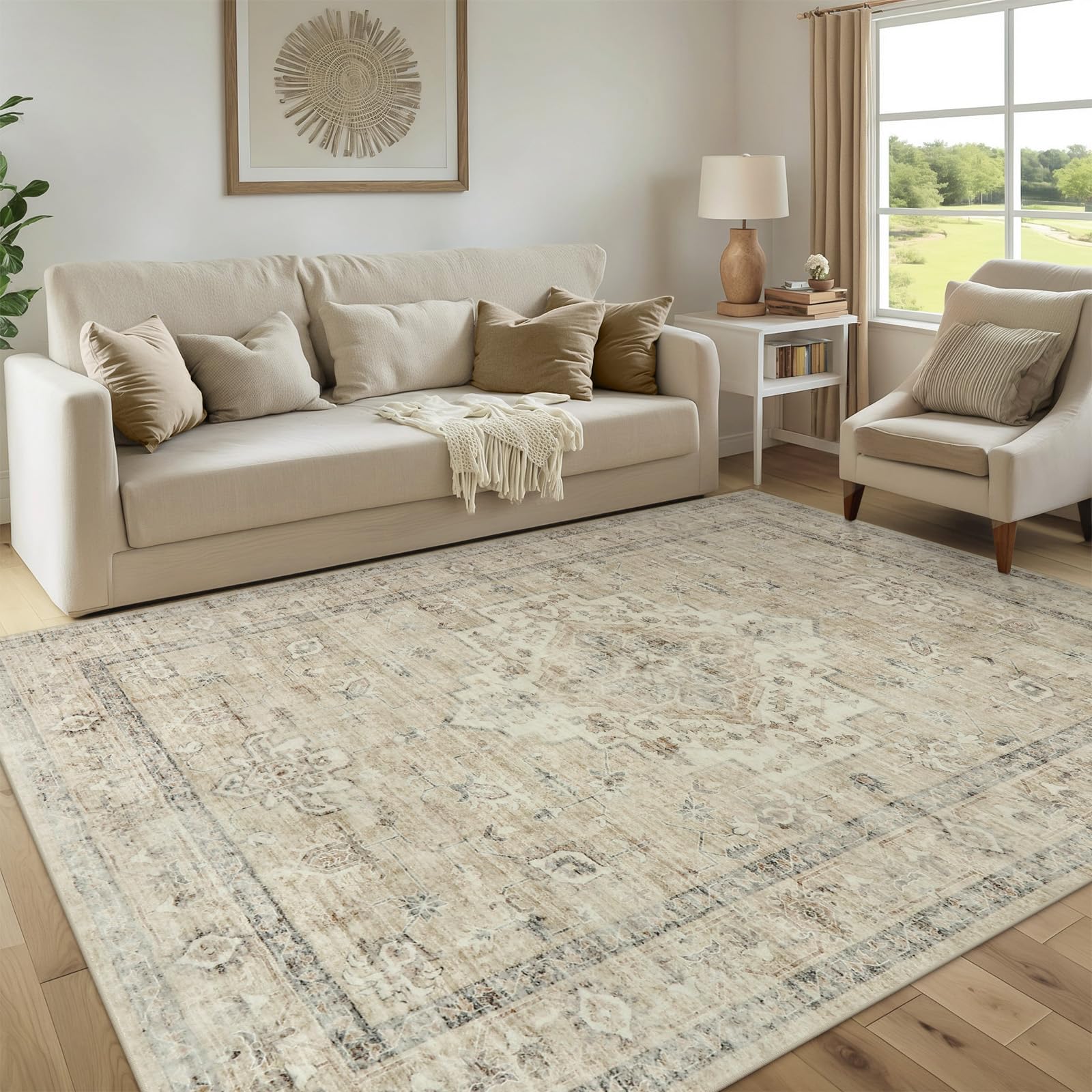 Photo 1 of LIVEBOX Washable Area Rug 6x9 Rugs for Living Room Dining Room Under Table, Non-Slip Boho Neutral Carpet for Bedroom, Low-Pile Farmhouse Soft Carpets for Nursery Room Playroom, Tan
