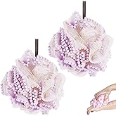 Biiange Loofah, Shower Bath Spong, Soft Shower Loofahs Balls, Globose lace Shower Ball, for Body Wash Scrubber Cleaning Loofah Bathroom Accessories (2Pcs) (Purple)