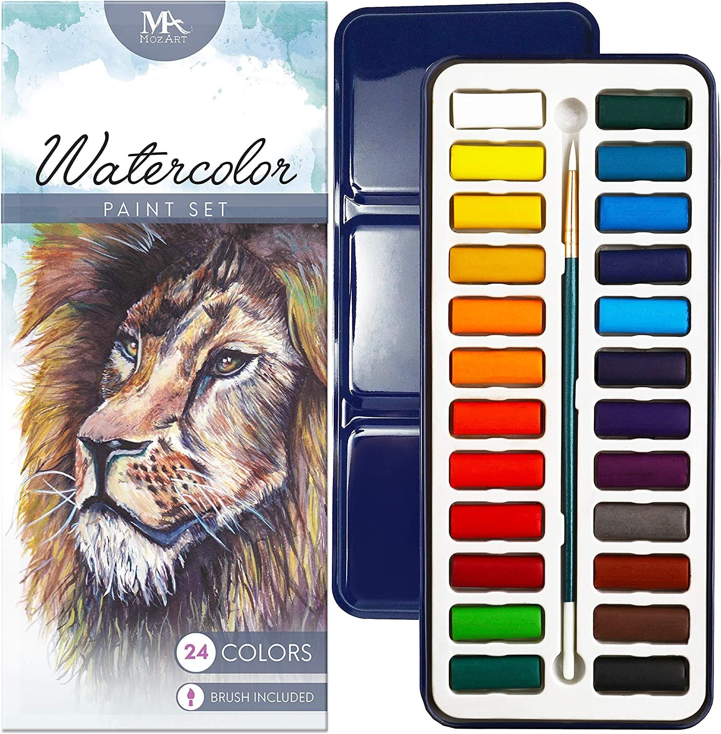 Mozart Watercolour Paint Essential Set – 24 Vibrant Colours – Lightweight and Portable – Perfect for Budding Hobbyists and Professional Artists – Paint Brush Included