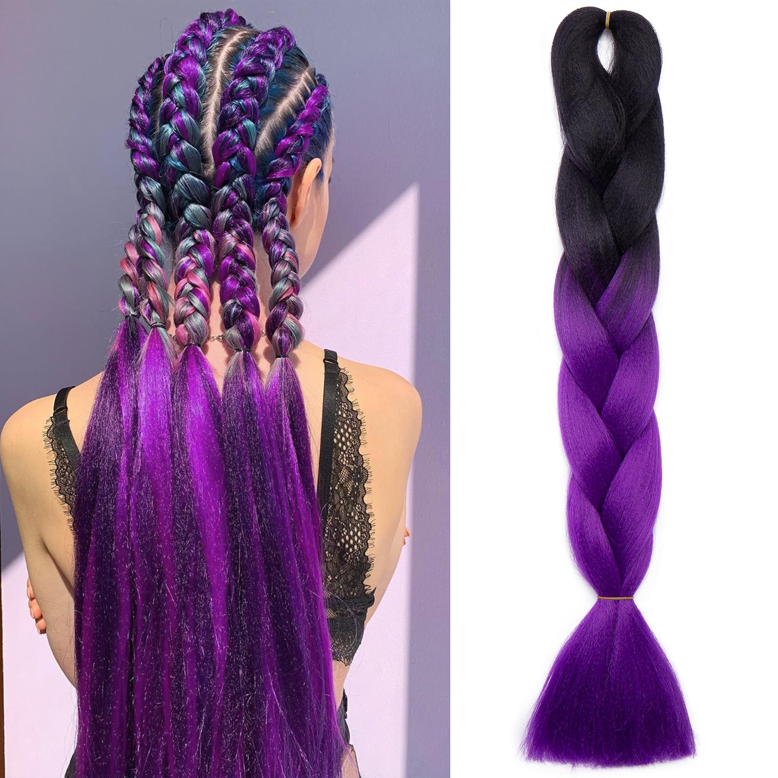 Silk-co Braids Extension Hair Ombre Jumbo Braiding Hair Extensions 24inch [100g] Crochet Twist Synthetic [Black-Purple] — image 1