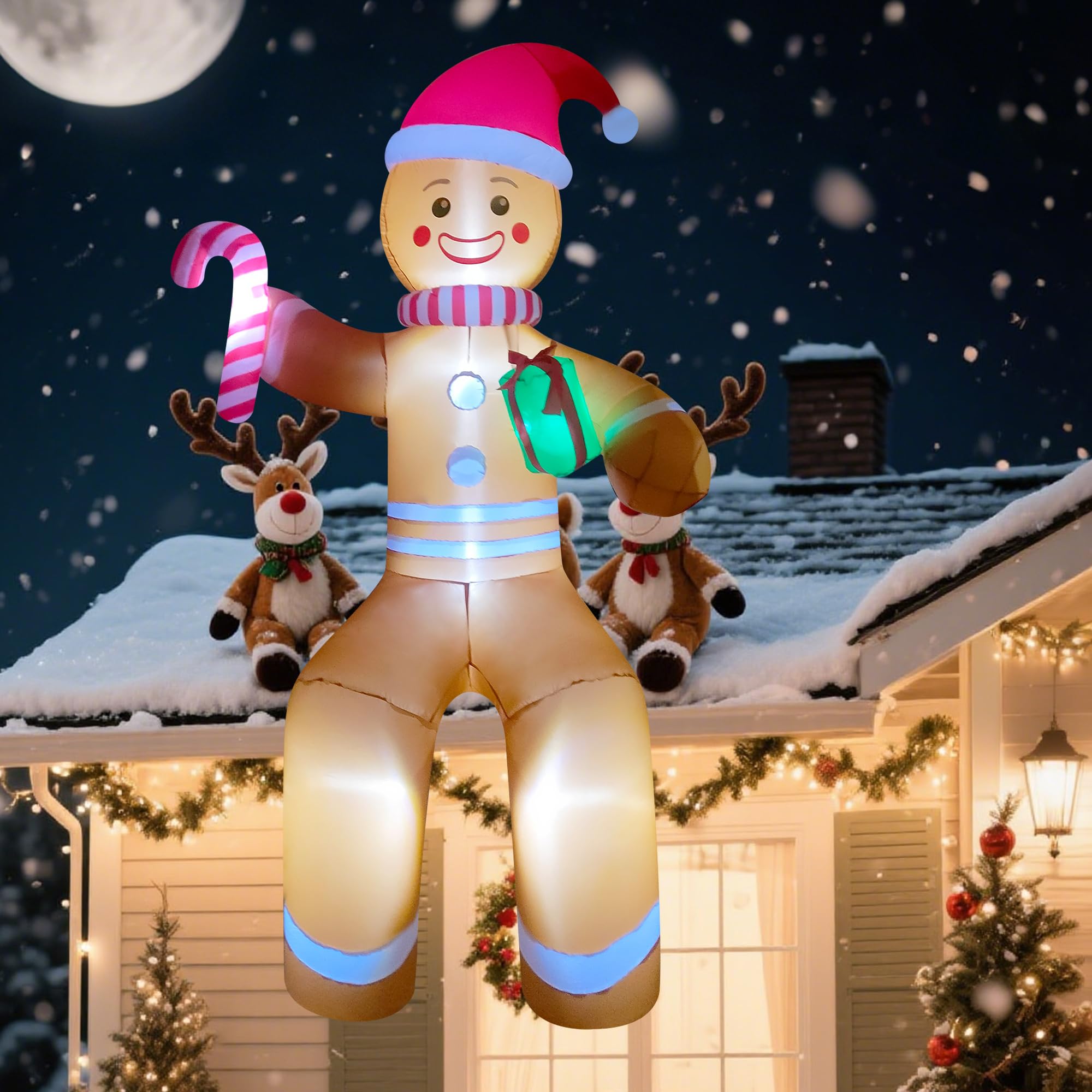 Photo 1 of 10ft Giant Gingerbread Man in Sitting Pose LED Lighted Christmas Inflatable Yard Decor Outdoor Blow up Christmas Decorations for Balcony, Chair, Tree Branch, Stairs- Indoor/Outdoor Xmas Decoration