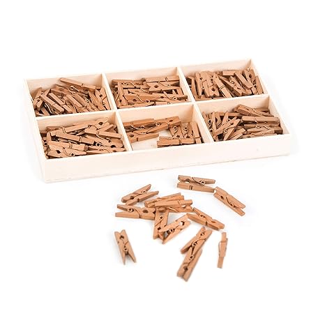 135 mini-Klammern natur Holz GOLD Mini-Wäscheklammern 2,5 cm Dekoklammern Mini-Clips Holzklammern MIT BOX zum Basteln Dekorie