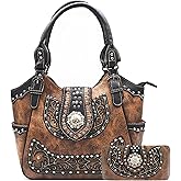 Western Style Rhinestone Studs Floral Berry Concho Studded Purse Country Cowgirl Handbag Women Shoulder Bag Wallet Set Brown