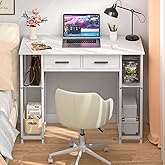 DAOUTIME White Computer Desk with Drawers, 37.3 Inch Home Office Work Desk with Storage Shelf, Kids Teens Study Table for Small Space, Small Writing PC Table for Bedroom Makeup Vanity Desk