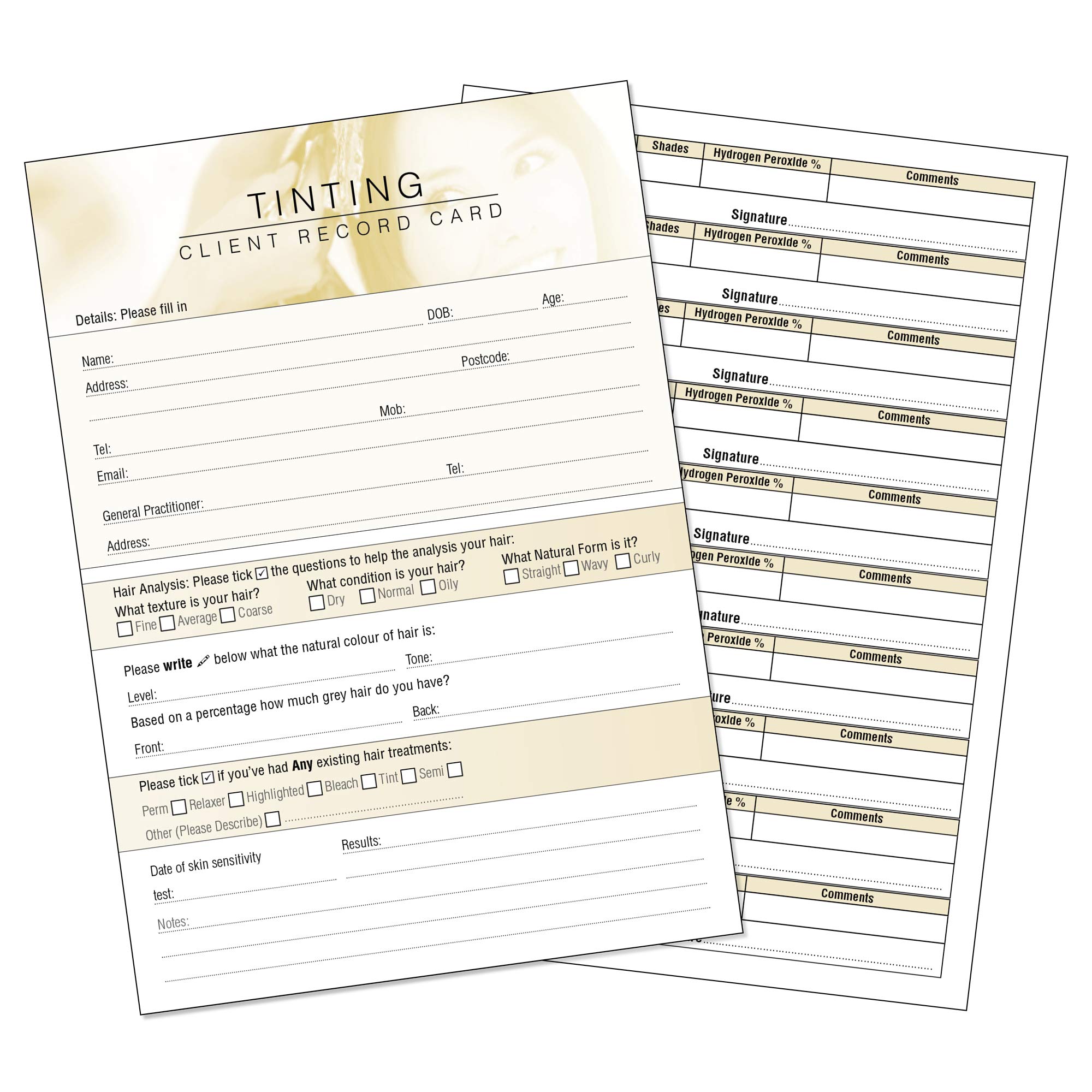 Hair Tinting Client Record Card - Treatment Consultation Form for Mobile Therapists & Salons A5 Pack of 50 - Portrait
